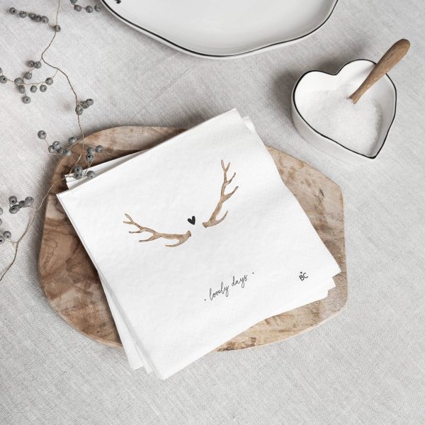 Napkin White Lovely Days von Bastion Collection Papierserviette  mit dem Schriftzug Lovely Days mit einem goldenen Hirschgeweih und schwarzem Herz in der Mitte