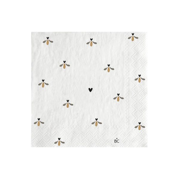 Napkin white Dancing Hearts 20 Stk. von Bastion Collection Papierserviette "tanzende Herzen" sehen aus wie Bienchen und das ist auch so gewollt, in gold und schwarz, in der Mitte ein kleines schwarzes Herz 12,5 x12,5 cm