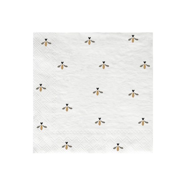 Napkin white Dancing Hearts 20 Stk. von Bastion Collection Papierserviette "tanzende Herzen" sehen aus wie Bienchen und das ist auch so gewollt, in gold und schwarz, in der Mitte ein kleines schwarzes Herz 12,5 x12,5 cm