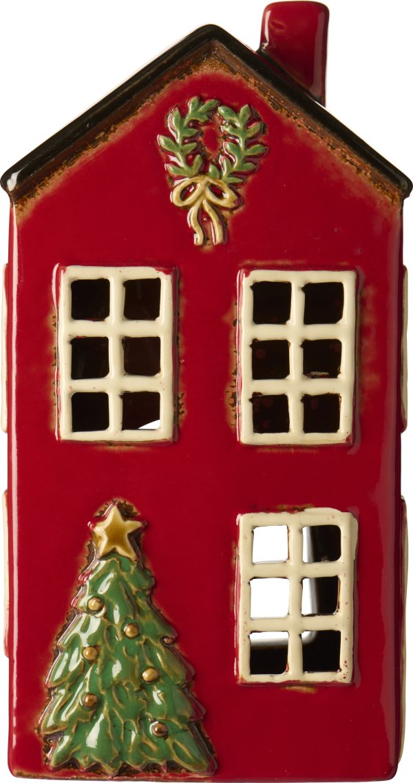 Keramikhaus für Teelicht Stillenat Tannenbaum vor dem Haus