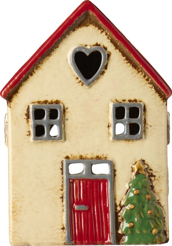 Keramikhaus für Teelicht Stillenat rotes Dach und Tannenbaum vor dem Haus