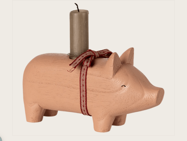 Kerzenständer aus Holz, Schwein, Medium - Rosa