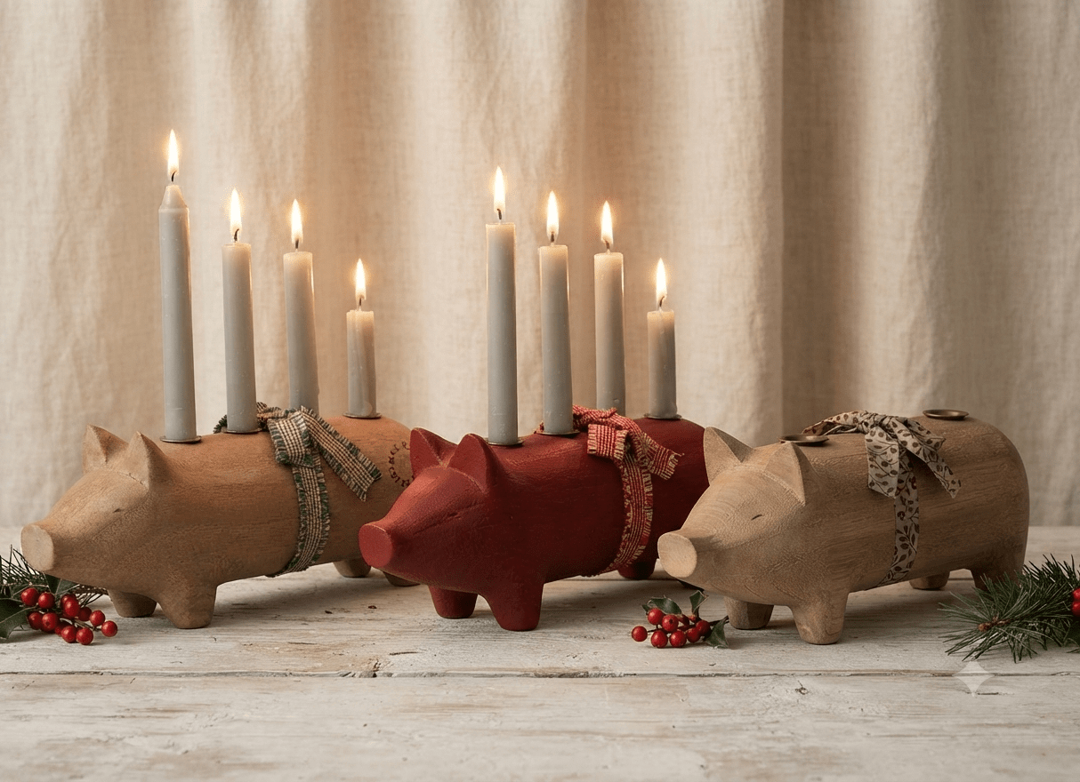 Kerzenständer aus Holz, Schwein, Advent -3 ass. Natur 2026 + 2025 & rot 2026