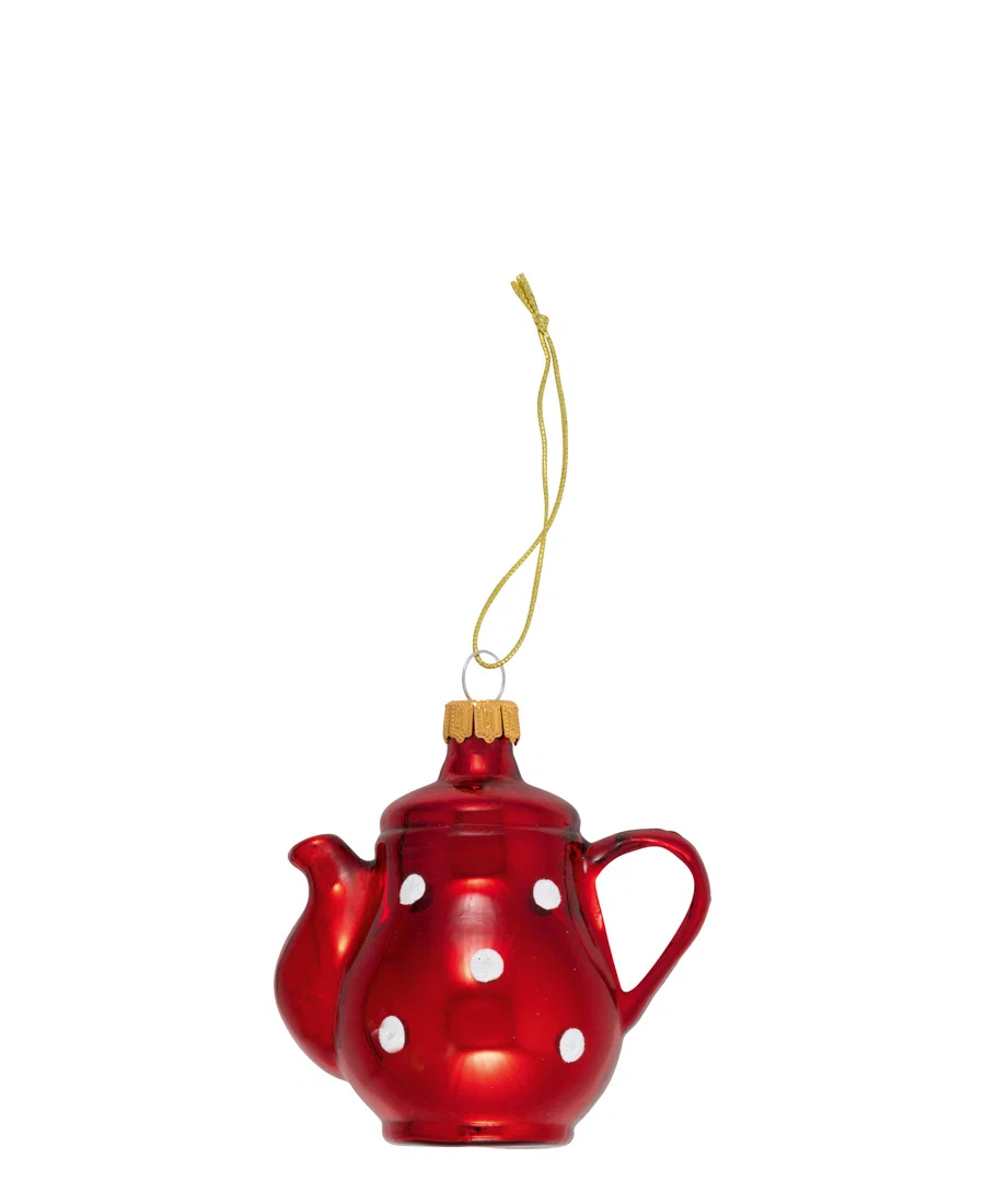 GreenGate Christbaumanhänger „Teekanne“ aus Glas im klassischen roten „Spot“ Punktemuster